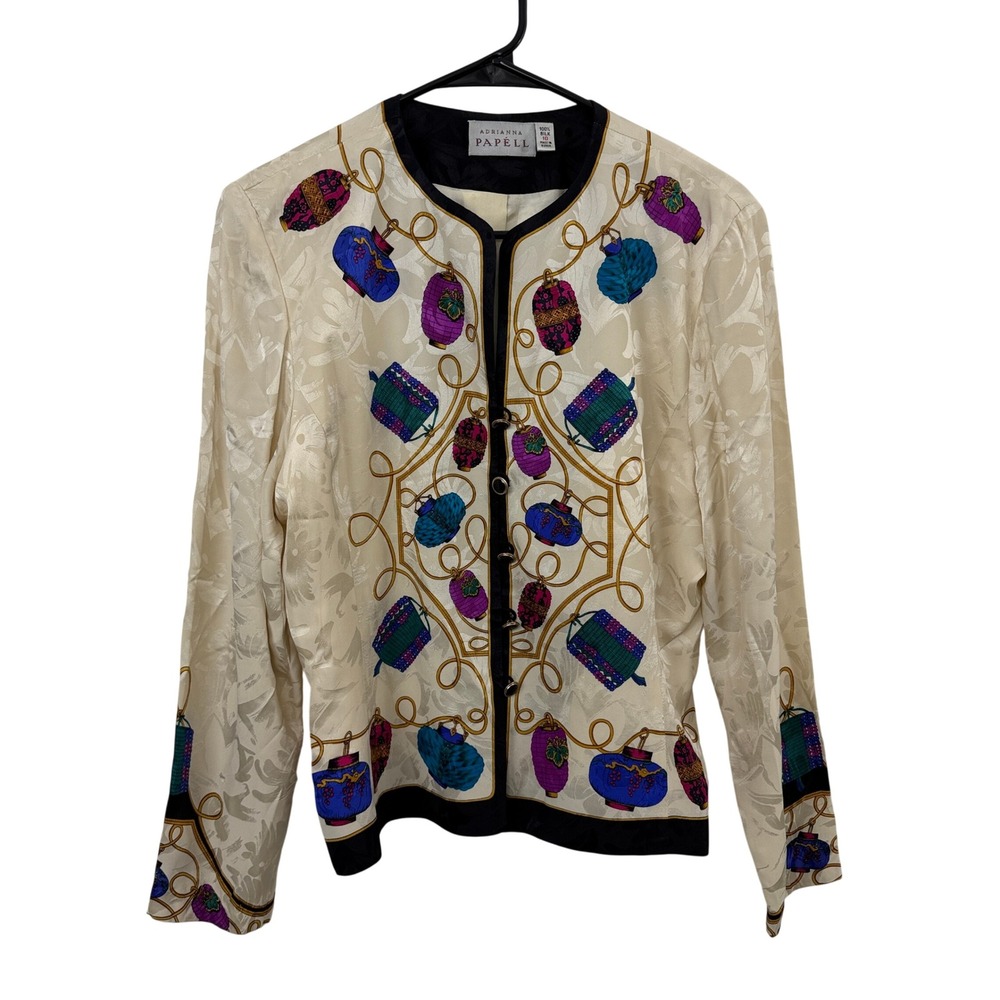 Adrianna Papell Jacket Womens 10 Cream Silk Lantern Print Vintage Long Sleeve